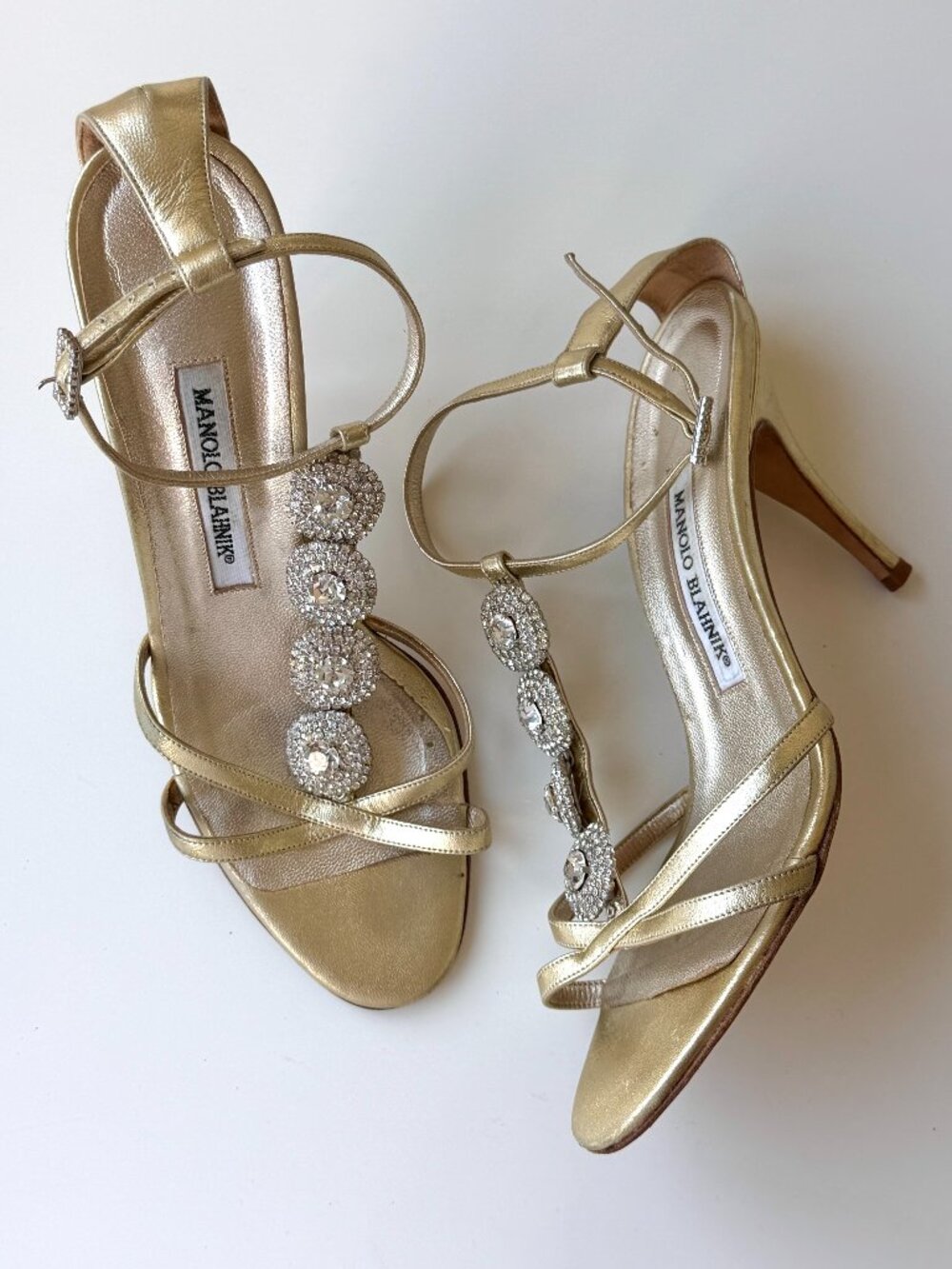 Vintage Manolo Blahnik Gold Crystal Embellished Sandals, IT 38